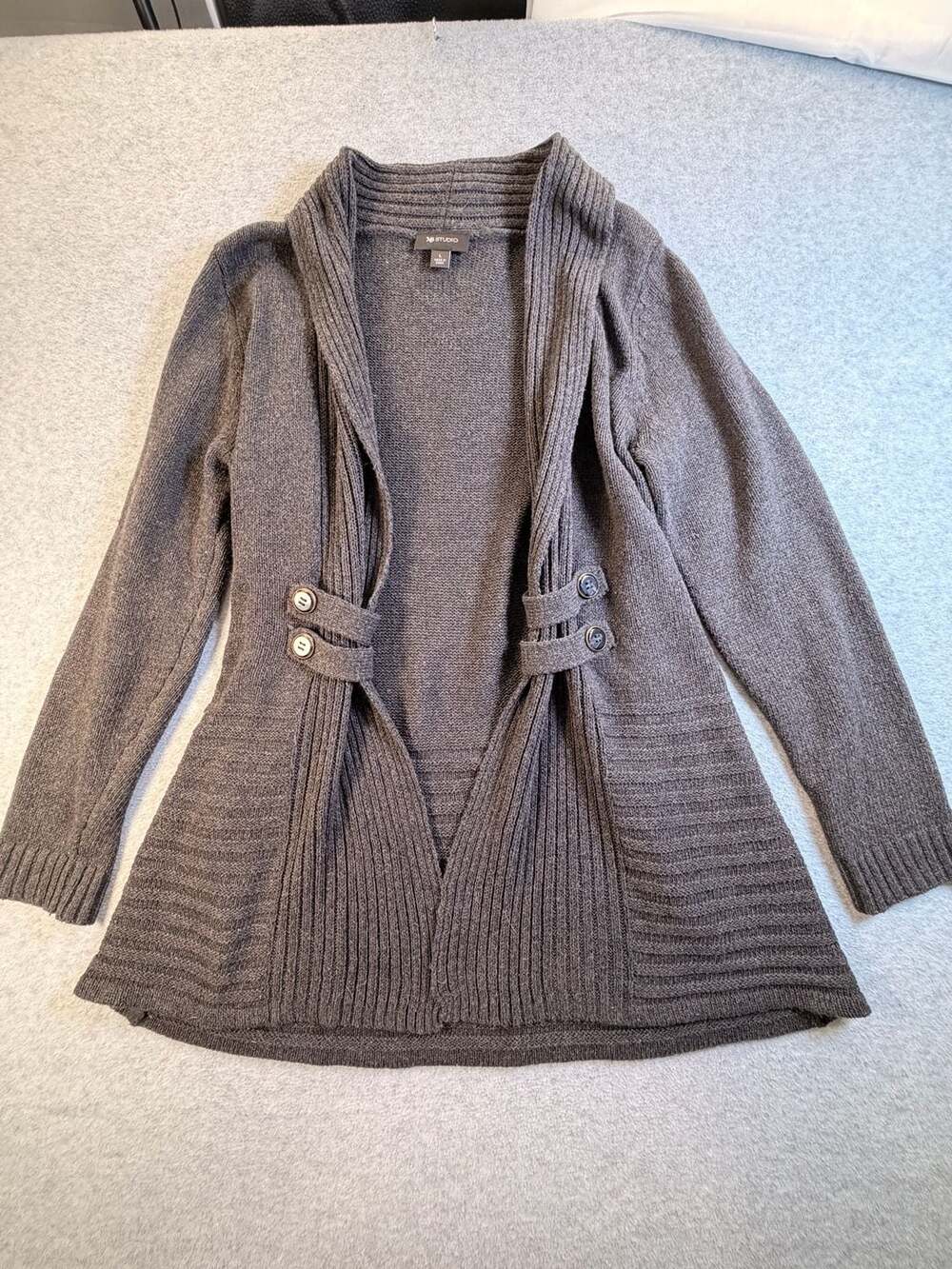 AB Studio Cardigan Sweater Size L Grey Open Front Ribbed Knit